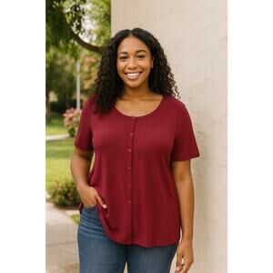 Lane Bryant Button Down Ribbed Tshirt Women's Size 2X 16-18 Maroon Red Stretchy